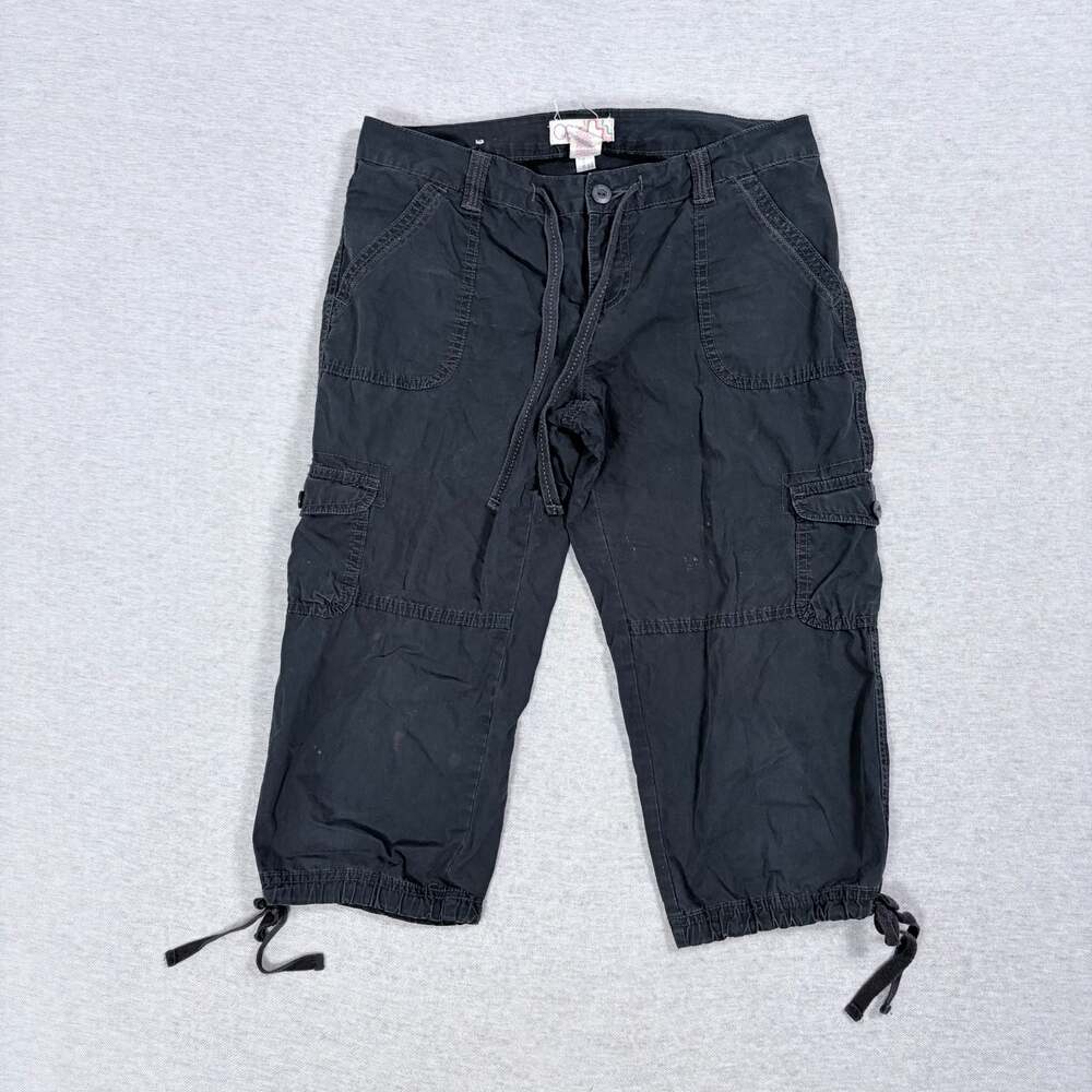 Ocean Pacific OP Black Cotton Cargo Capri Pants Drawstring Cuffs Size 7